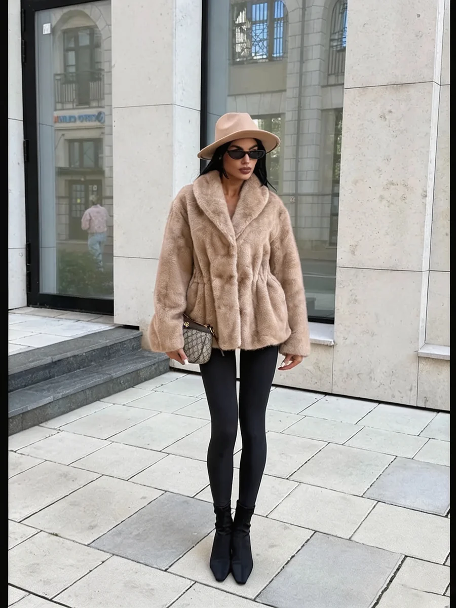 Women Winter Faux Fur Coat 2026 Elegant Camel Drawstring Waist Plush Jacket Lapel Collar Warm Cropped Outwear