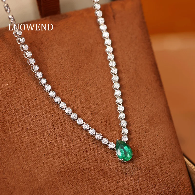 LUOWEND 100% 18K White Gold Necklace Fashion Design Luxury Diamond Natural Emerald Necklace for Women High Party Jewelry