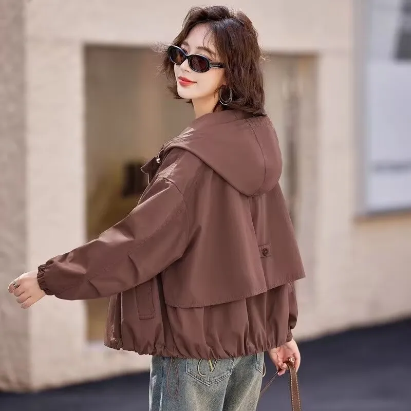 High-End Hooded Jacket Versatile Loose Jacket Women's Solid Button Pocket Casual Patchwork Contrasting SweaterShirt  Brown Coats