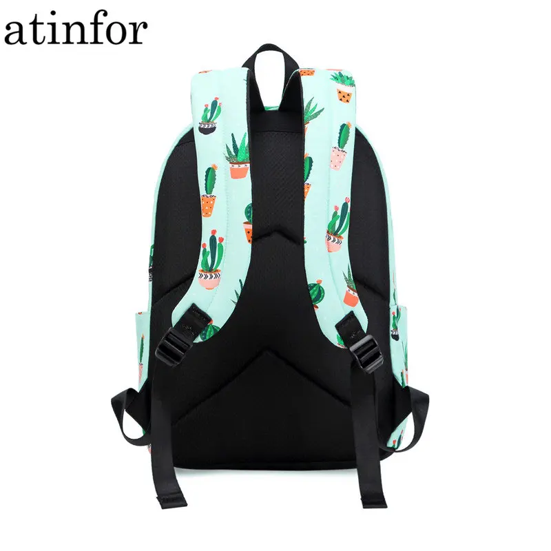 atinfor Brand Waterproof Nylon Lightweight Cactus Printing Backpack Women 16.5 inch Middle School Student Book Bag