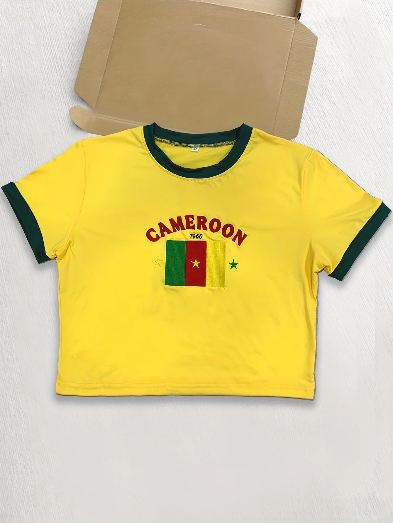 Cameroon Flag Embroidered Crop Top Women Y2K Color Block Short Sleeve T Shirt view 2