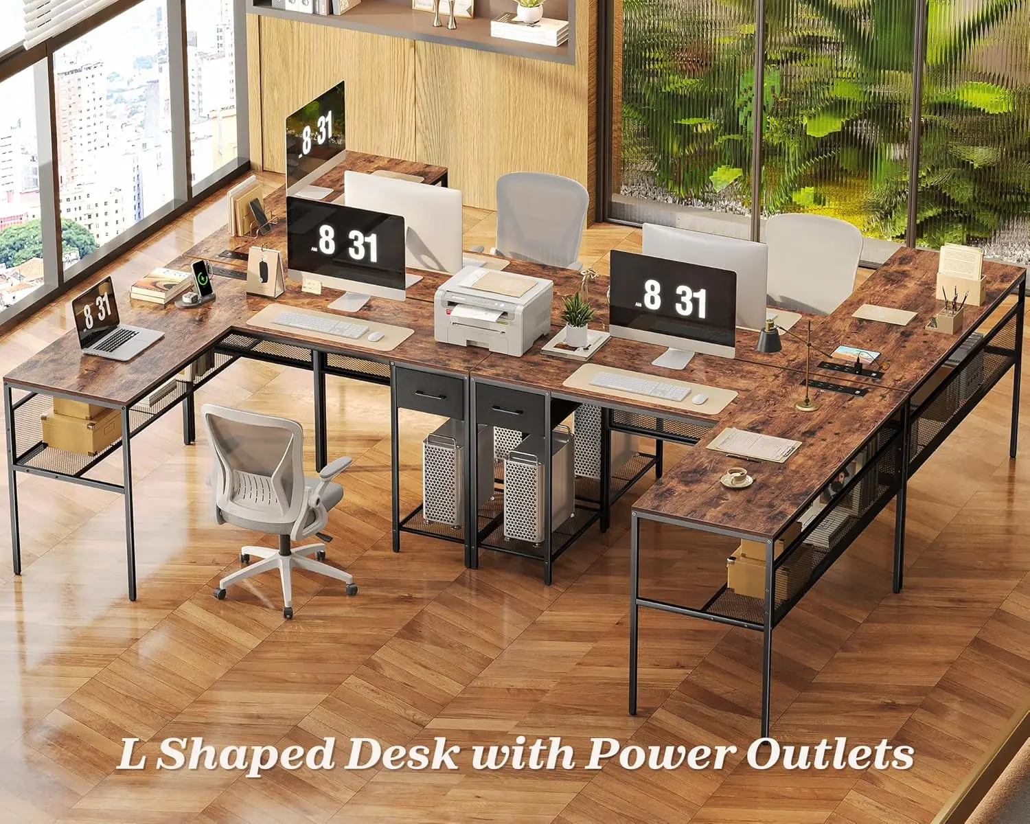 

L Shaped Desk with Power Outlets, Computer Desk with Drawer,Reversible Corner with Grid Storage Bookshelf, Home Office