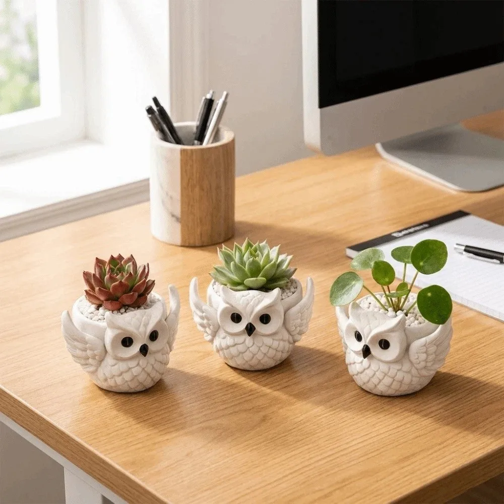 Makeup Brush Organizer 3D Printed Owl Flower Pot Hollow Out Cute Succulent Flowerpot Plastic Owl Ornament Office Desk