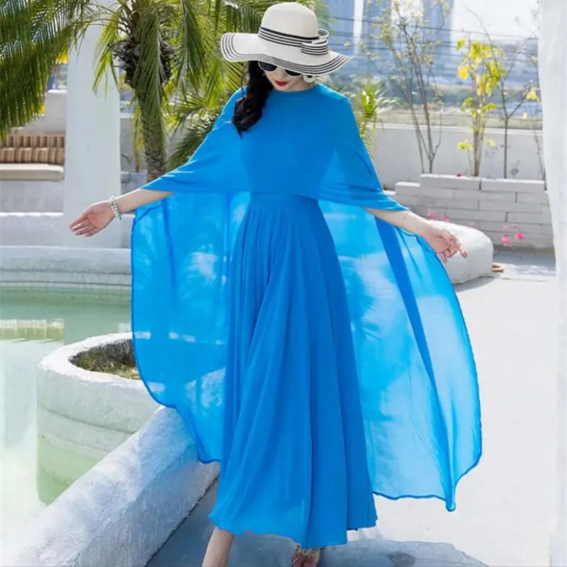 Cloak Style Women's Dress Vestidos Chic Summer Shawl Dress Two-Piece 2025 New Retro Sleeveless Bohemian Beach Long Dresses