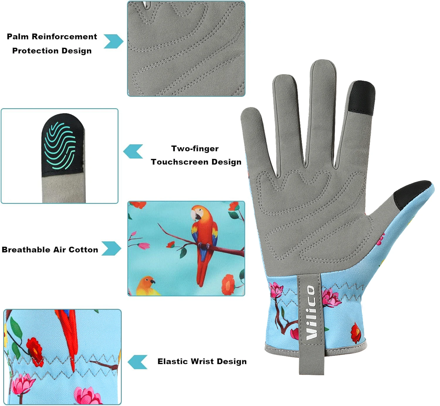 1 pair of flower and bird printed gardening gloves, breathable gardening gloves with grip and puncture resistant work gloves