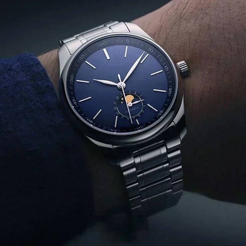 Luxo novo masculino automático mecânico auto vento relógio moonphase azul branco couro pulseira de aço inoxidável esporte relógio de pulso