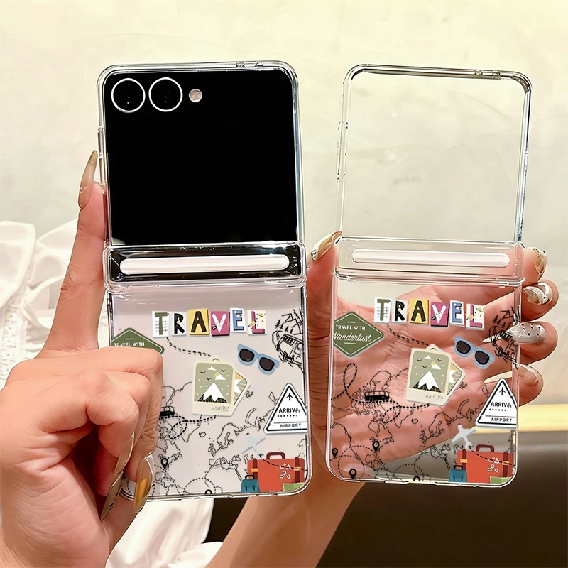 Magnetische Adsorptions-Handyhülle für Samsung Galaxy Z Flip7 Flip6 Flip5 Flip 7 FE 6 5 mit Reisekarten-Muster, Faltbare Hartschale
