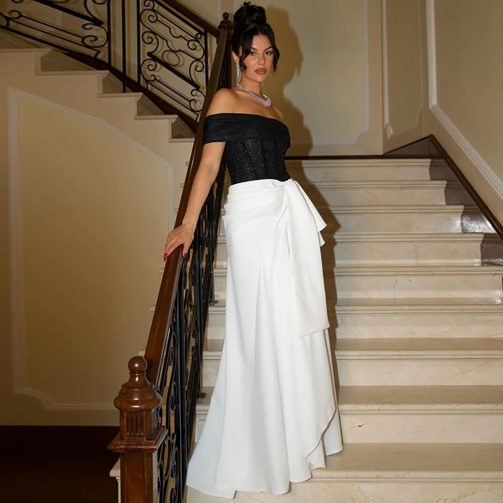 فستان سهرة كلاسيكي من الأورجانزا الأسود والأبيض من الجيرسيه مخصص قبالة الكتف فستان الحفلة الراقصة فساتين مناسبة رسمية بألوان متباينة #1