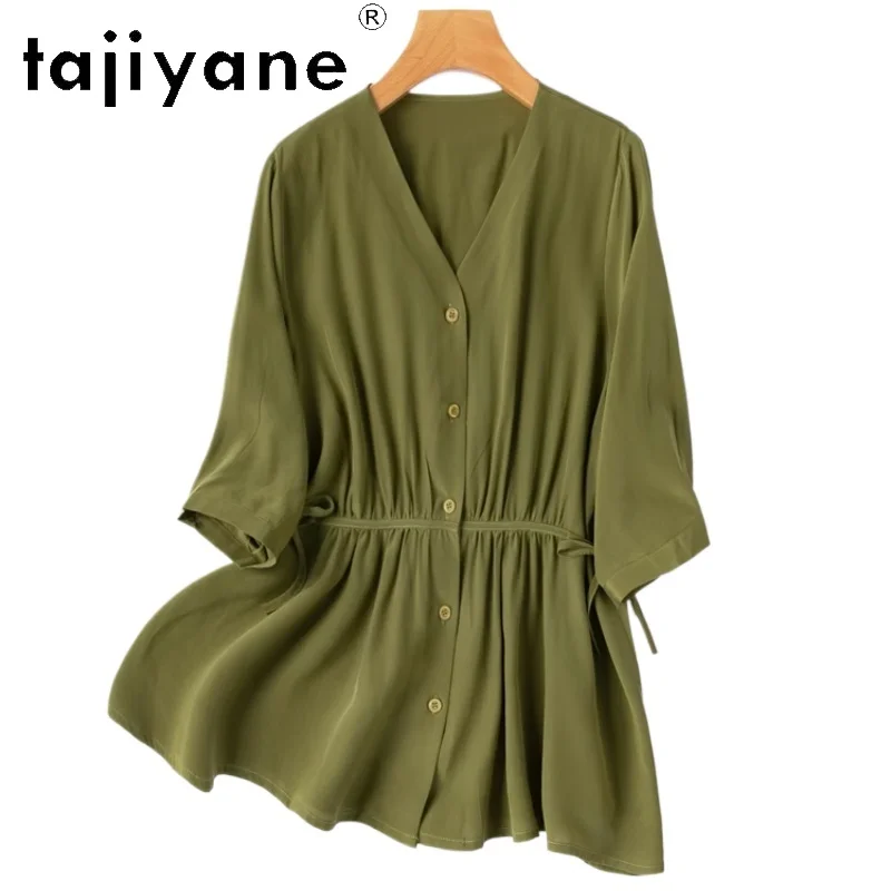 

TAJIYANE 100% шелковая блузка женская, новые поступления 2022, оливково-зеленая рубашка с v-образным вырезом, весна-лето, женская одежда топ женский