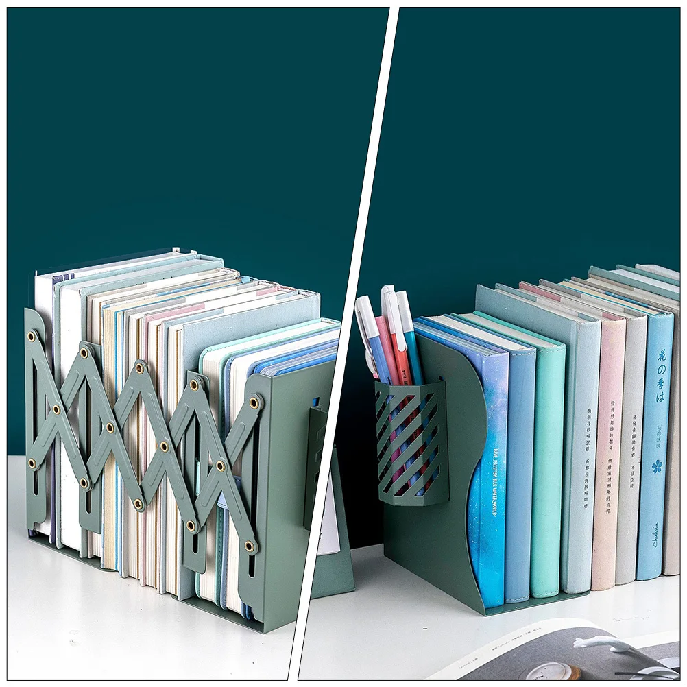 Metal Telescopic Bookends with Pen Holder Anti-Rust Desk Shelf Organizer Creative Design for Home Office Library