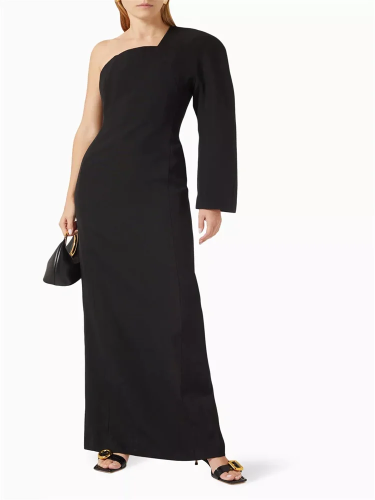 Hot Selling One Rounded Sleeve with Shoulder Pad Asymmetric Neck Straight Evening Dress Elegant Back Zipper Floor Length Gown