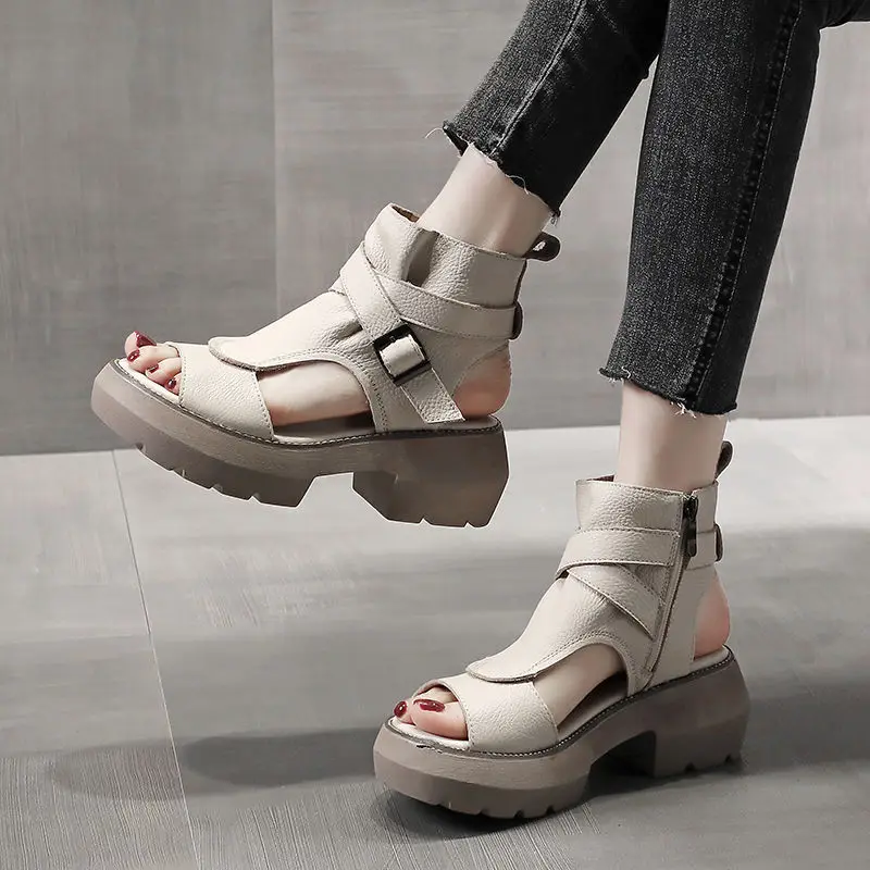 

Cool and Trendy Snap-on Cake Mid-heel Roman Shoes, Retro Thick-soled 2025 Summer New High-top Chunky Heel Women's Sandals，35-40