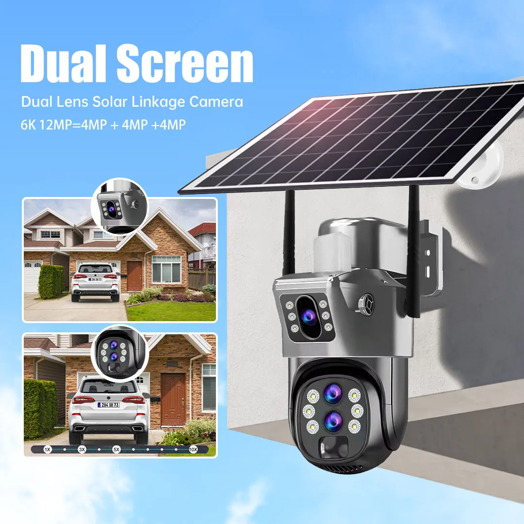 Caméra solaire extérieure à trois objectifs, caméra de sécurité à détection de mouvement PIR, surveillance PTZ sans fil, CCTV, n'aime 10X, 4G EpiCard, 6K, 12MP