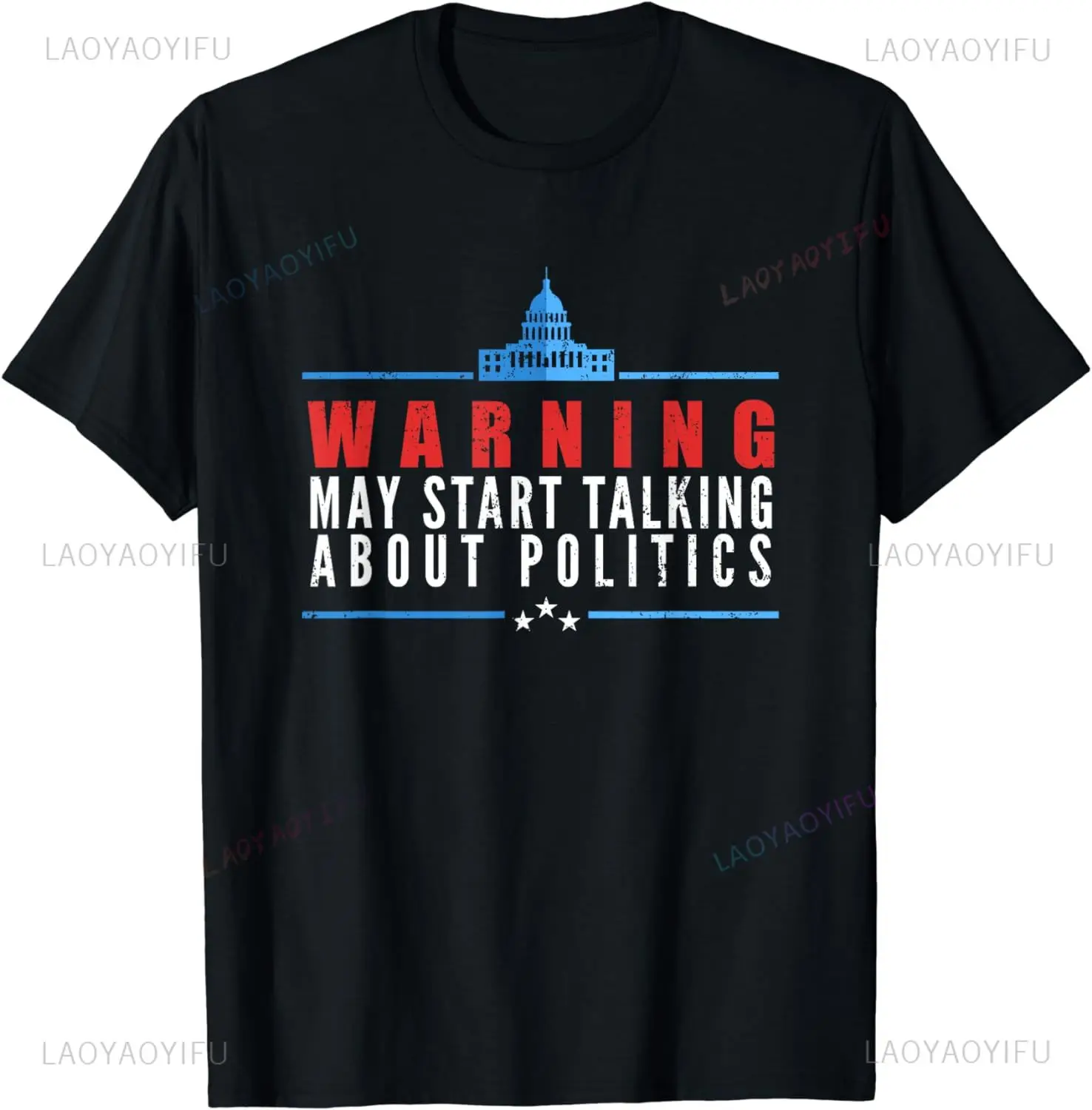 Men Clothing Humor Warning May Start Talking about Politics Man T-Shirt Outdoor High Quality Cotton Graphic T Shirts Camisetas