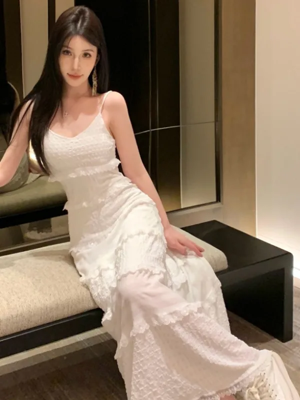 Vestido E Branco Sem Alças para Mulheres, Vestido de Verão com Cintura Ajustada, Saia Longa em Camadas, Vestido A-Line...