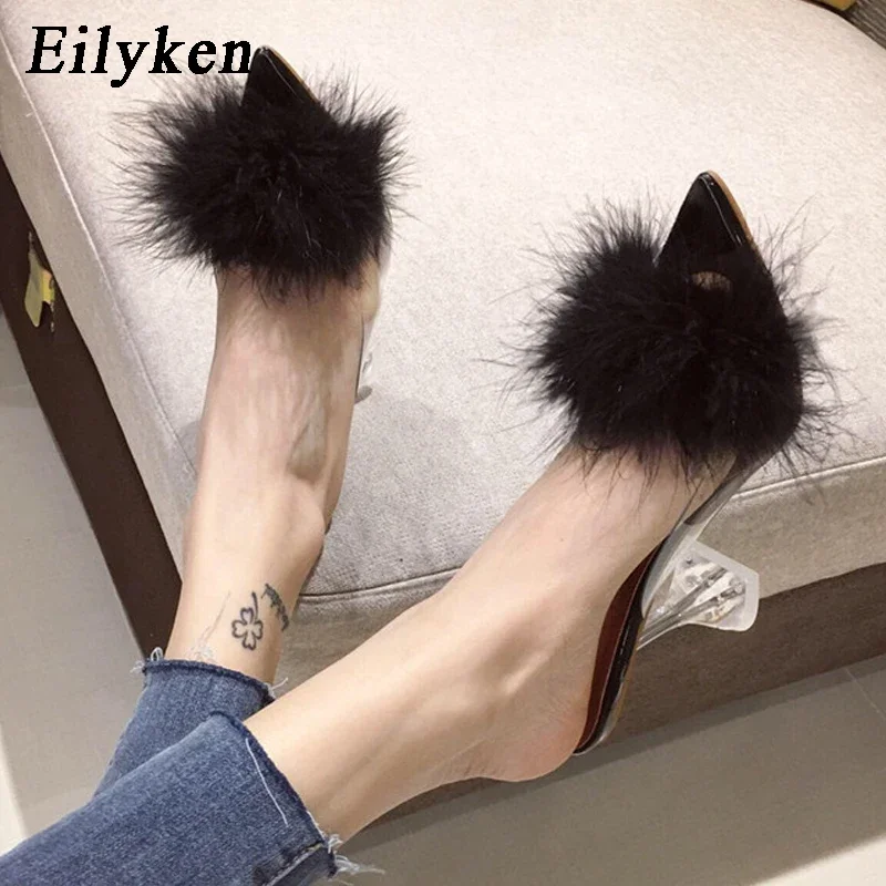 Eilyken 2026 New PVC Transparent Feather High Heels Fur Slippers Woman Peep Toe Mules Lady Pumps Slides White Shoes