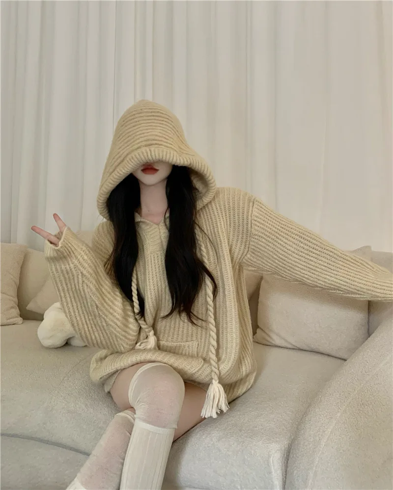Maglieria con cappuccio elegante e delicata in stile coreano Top allentato da donna 2025 Autunno Inverno Nuovo maglione casual comodo stile pigro