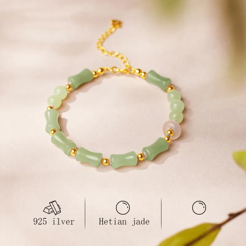 Vintage Neo-Chinese Style Hetian Jade Bamboo Knot Bracelet White Jade Stone Beaded Exquisite Women's Jewelry Gift