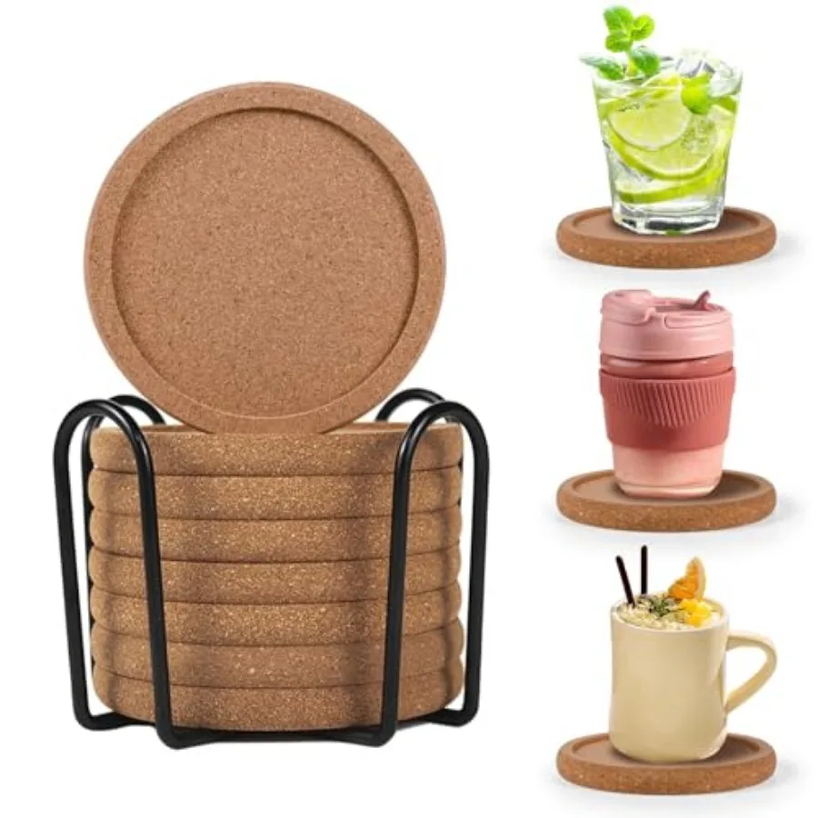 Cork Coasters for Drinks, Absorbent Round Coasters with Lip, Heat Resistant and Table Protective, 4'' Diameter Suitable for Mos