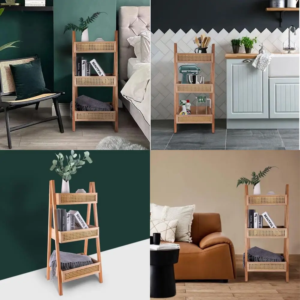 

3-Tier Rattan Bookshelf, Freestanding Storage Ladder, Organizer Shelves for Home & Office