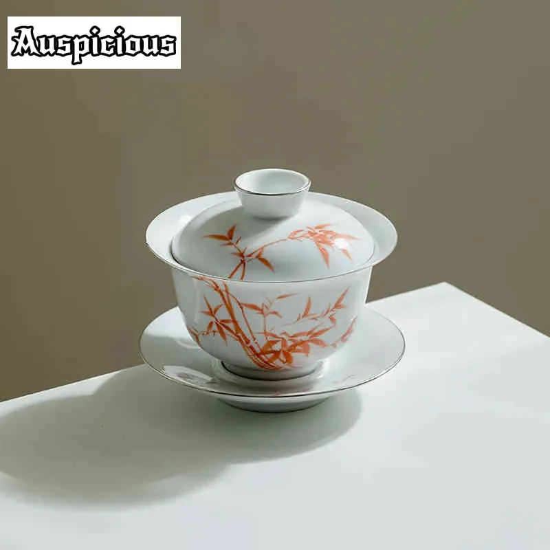 

165 мл чистый ручной рисования Красный Бамбук Gaiwan Трассировка Серебряный Фарфор Чайный тюрен бытовой чай приготовление крышки чаша teif аксессуары