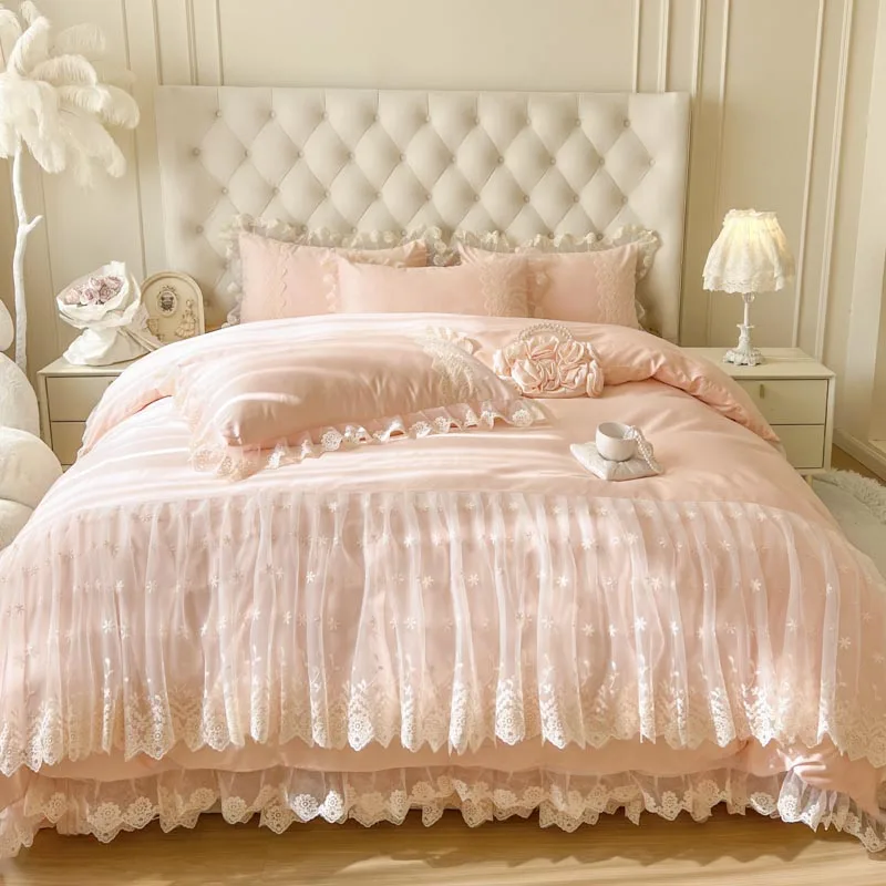 4/6Pcs Pink Romantic Korean Princess Style Bedding Set, Lace Ruffles Duvet Cover, Bed Skirt, Bedspread, Pillowcases, 100% Cotton