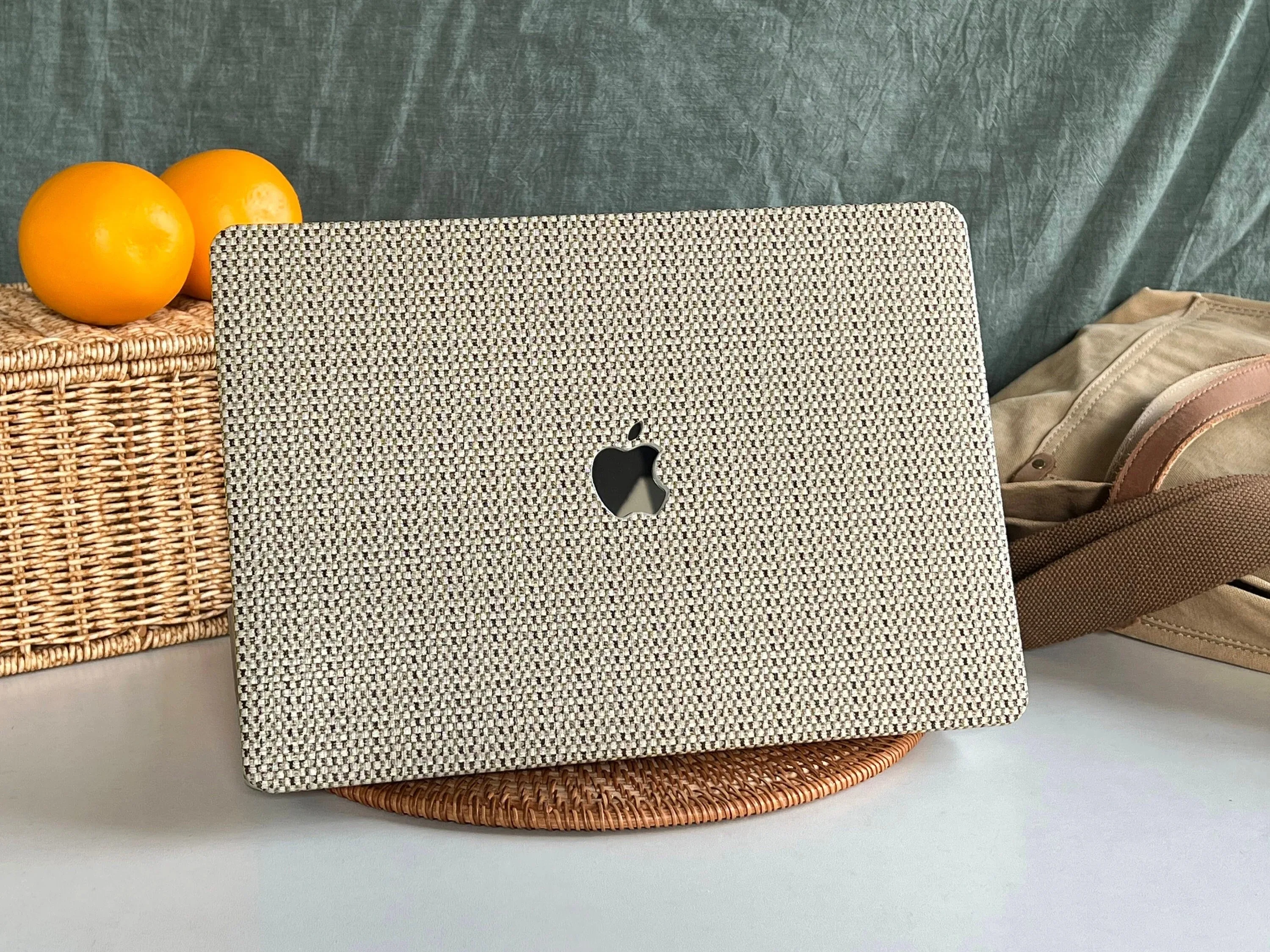 Funda tejida Boho para MacBook, funda de cuero caqui para portátil MacBook Air 13 Macbook Pro 13 16 14 A2442 15 A1990 con logotipo recortado