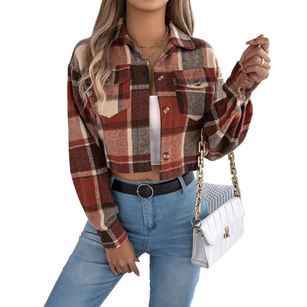 

2025 Women's Jackets Women Clothes Jacket Autumn Winter Color-block Checkered Long-sleeved Wool Short Jacket