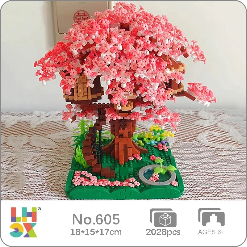 LHCX 605 World Architecture Cherry Blossom Tree House Sakura Flower Garden Grass Mini Diamond Blocks Bricks Building Toy No Box