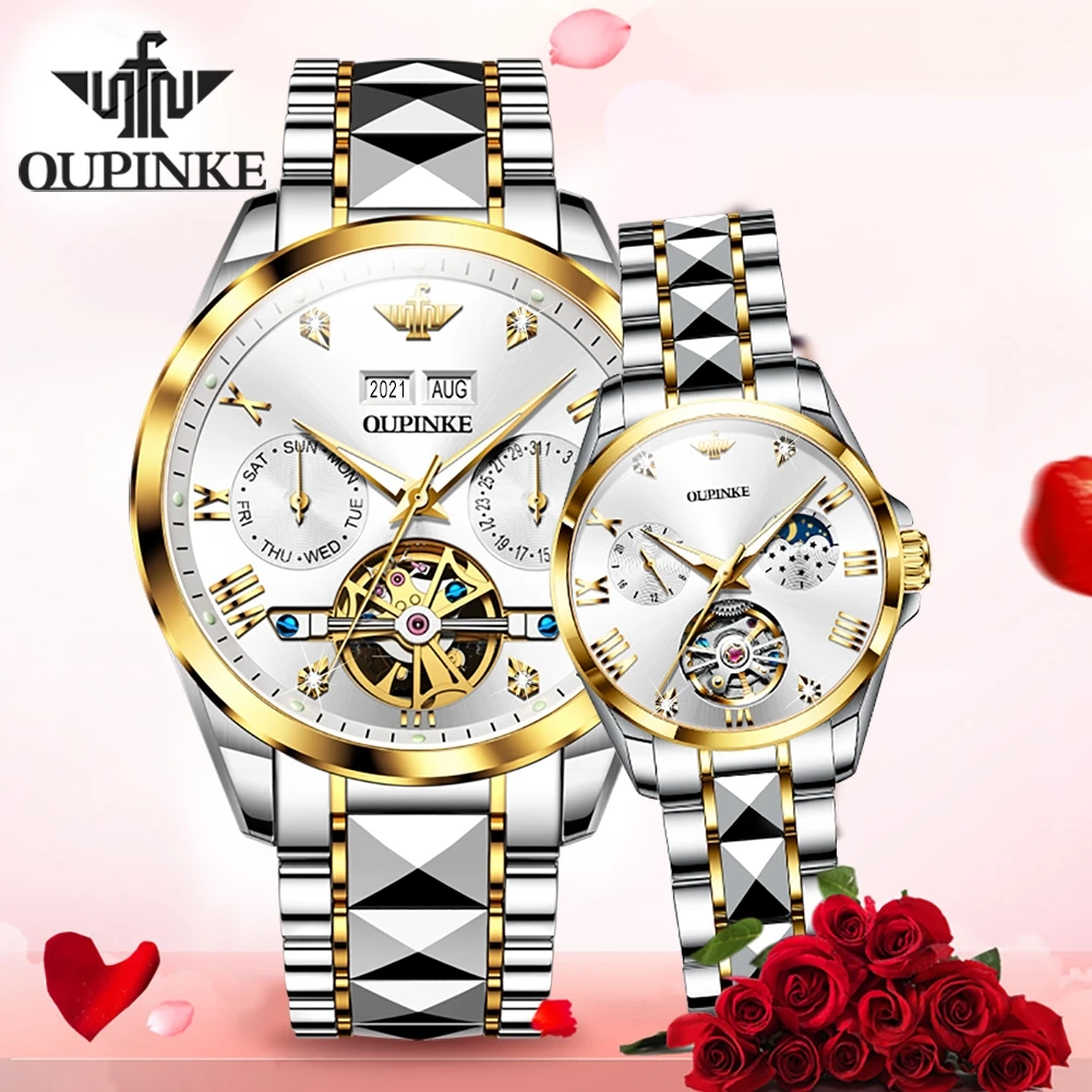 OUPINKE Luxury Couple Watch for Men Woman Tungsten Steel Strap Skeleton Flywheel Calendar Moon Phase Automatic Mechanical Watch