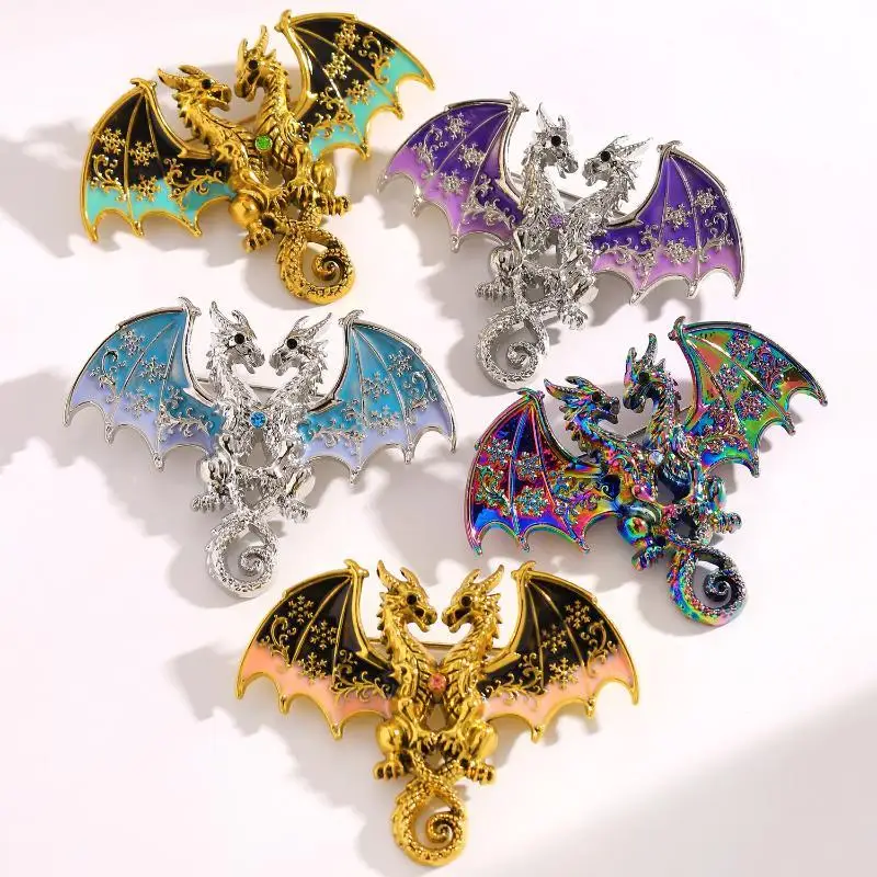 1Pcs Metal Double Headed Dragon Brooches For Women Unisex Beautiful 5-color Animal Party Office Brooch Pins Gifts