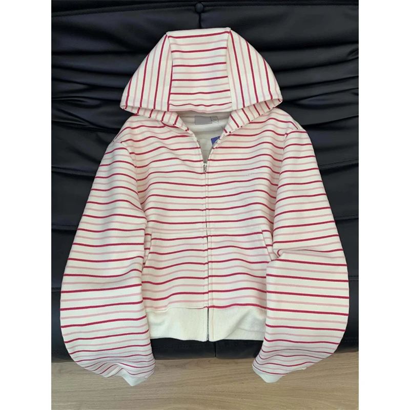 

Женская толстовка на молнии в полоску, красная, в корейском стиле, с длинным рукавом, стандартной длины, удобная для повседневной носки