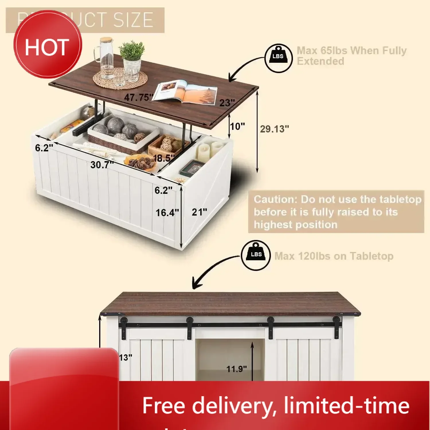 

Time-limitedXMSJ.48" Lift Top Coffee Table, Farmhouse Cocktai with Sliding Groove Barn Door, Rustic Wood Center Table , White