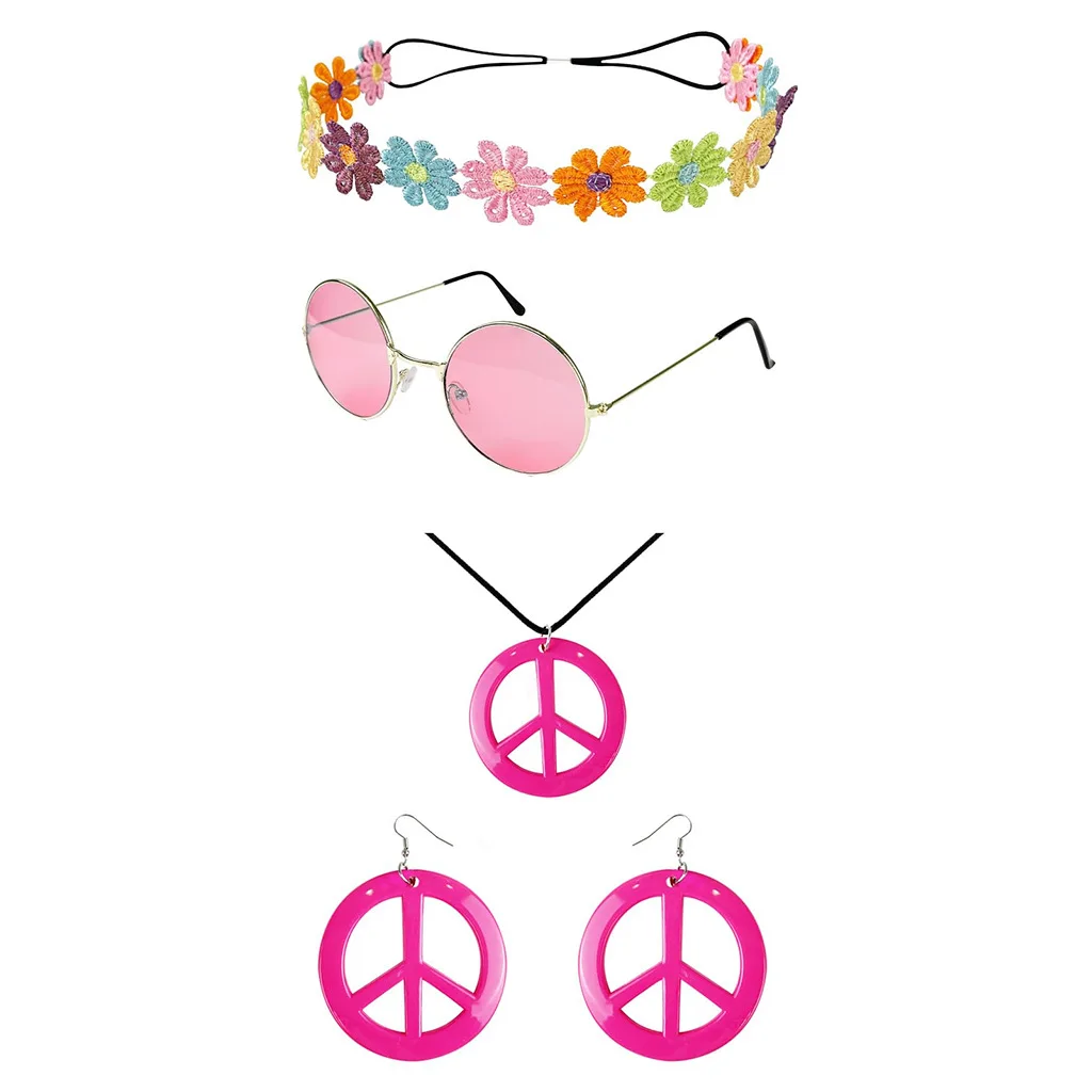 Ecoparty Hippie Women Set Peace Sign Necklace, Earrings, Headband, and Sunglasses 60s 70s Accessories Groovy Party Decoration 4