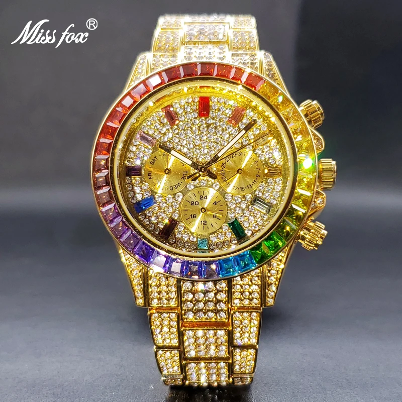 Gold Watch For Men MISSFOX Rainbow Baugette Classic Stylish Quartz Wristwatches With Calendar Diamond Timepiece Dropshipping