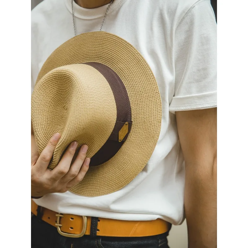 

Maden Summer Men's Vintage Straw Panama Hat UV Protection Breathable Wide Brim Outdoor Casual Built-in Sweat Absorbing Headband