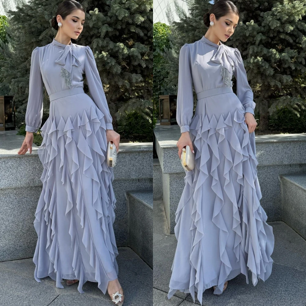 

Customized Luxury Chiffon Evening Dress Delicate Long Sleeves Prom Dresses Temperament Crystal Special Occasion Gowns