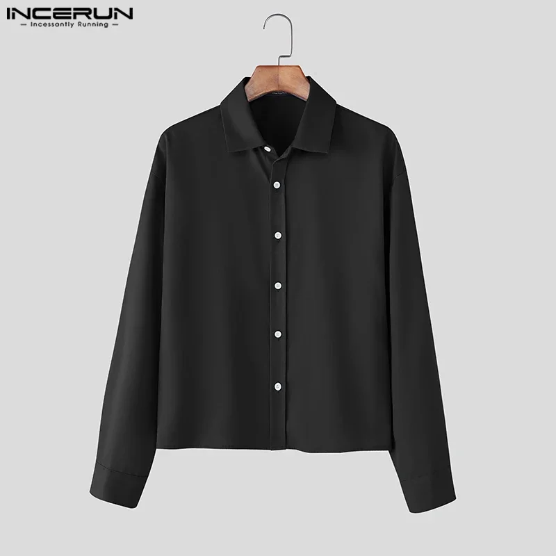 INCERUN Men Shirt Solid Color Lapel Long Sleeve Button Loose Crop Tops Men Streetwear 2025 Fashion Casual Men Clothing S-5XL