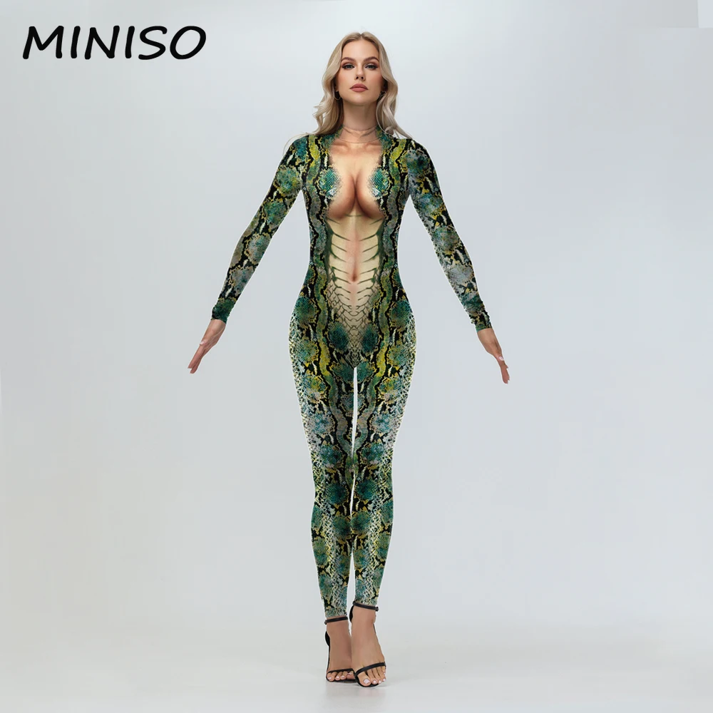 MINISO Adult Cosplay Animal Snake Pattern Sexy Women Halloween Party Zentai Bodysuit Dress Up Performing Jumpsuit Costume