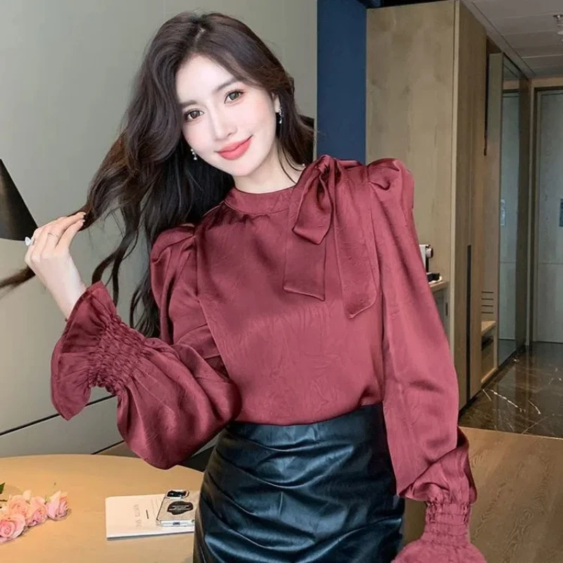 Temperament Bandage Bow Long Sleeve Blouse Women Clothing Solid Color Loose Elegant Shirt Tops Fashion Office Spring Autumn New