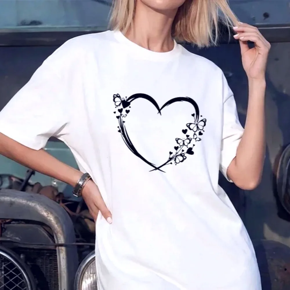Womens T-shirt Heart Printed Casual Y2k O-neck Short Sleeve Outdoor Sports Jogging Woman Clothing Summer Streetwear Tee 2026 New