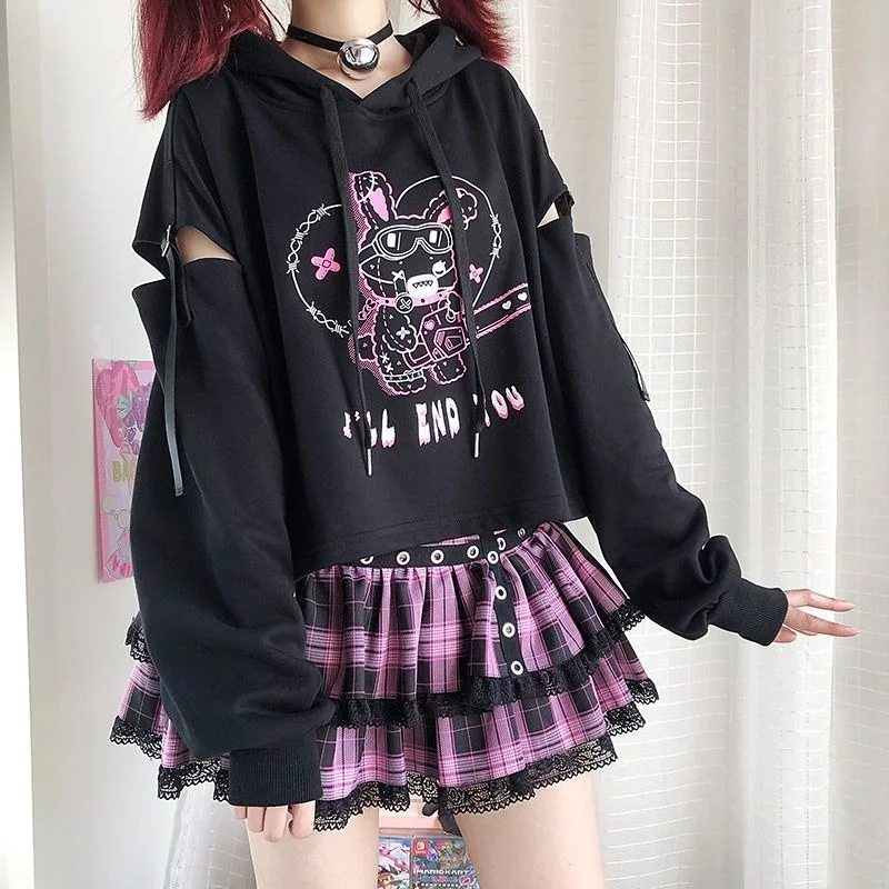 Spring Autumn New Hoodies Punk Gothic Patchwork Hollow Out Y2k Clothes Cartoon Print Casual Loose Preppy Style Crop Sweatshirts