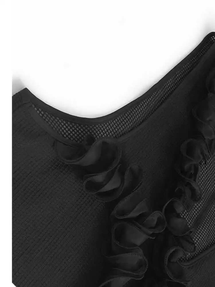 ZMEENNA Débardeur en maille noire pour femme avec détail à volants col en V sans manches transparent décontracté mode d'été gilet tendance ZM3243