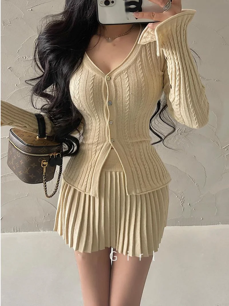 

WOMENGAGA Sexy Flare Sleeves Single Breasted Cardigan High Waist Pleated Short Skirt Knitted Sweater Set Fashion Women FR5P