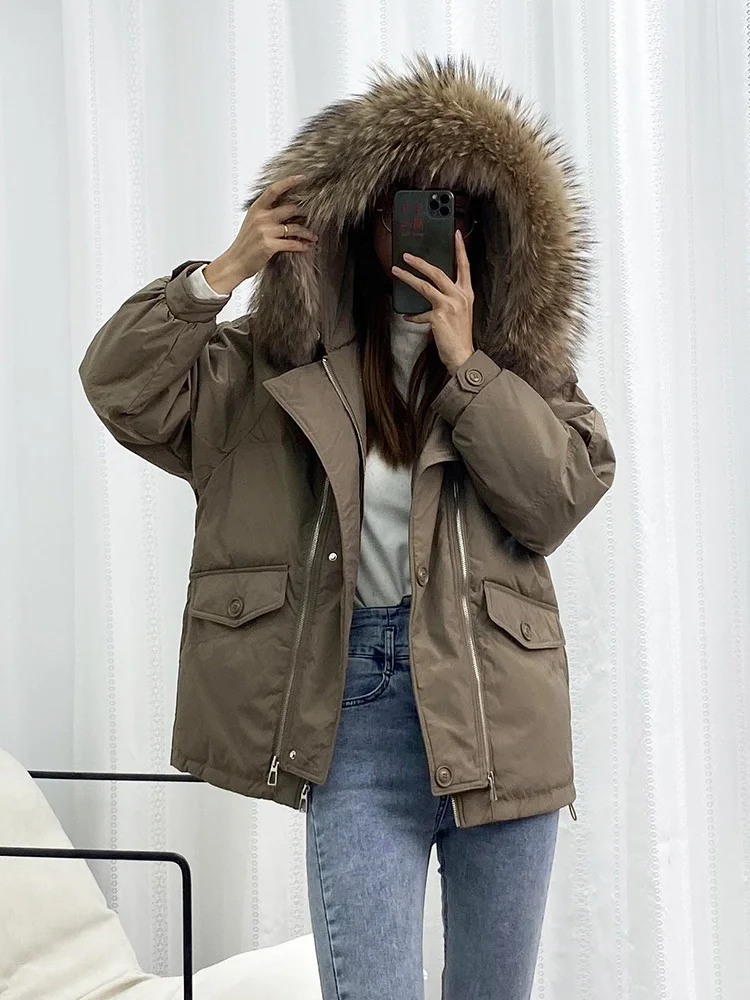 

Huge Real Raccoon Fur Hooded Women Female Parkas Loose Feather Overcoat Zipper 2023 Winter Jacket 90% White Duck Down Coat