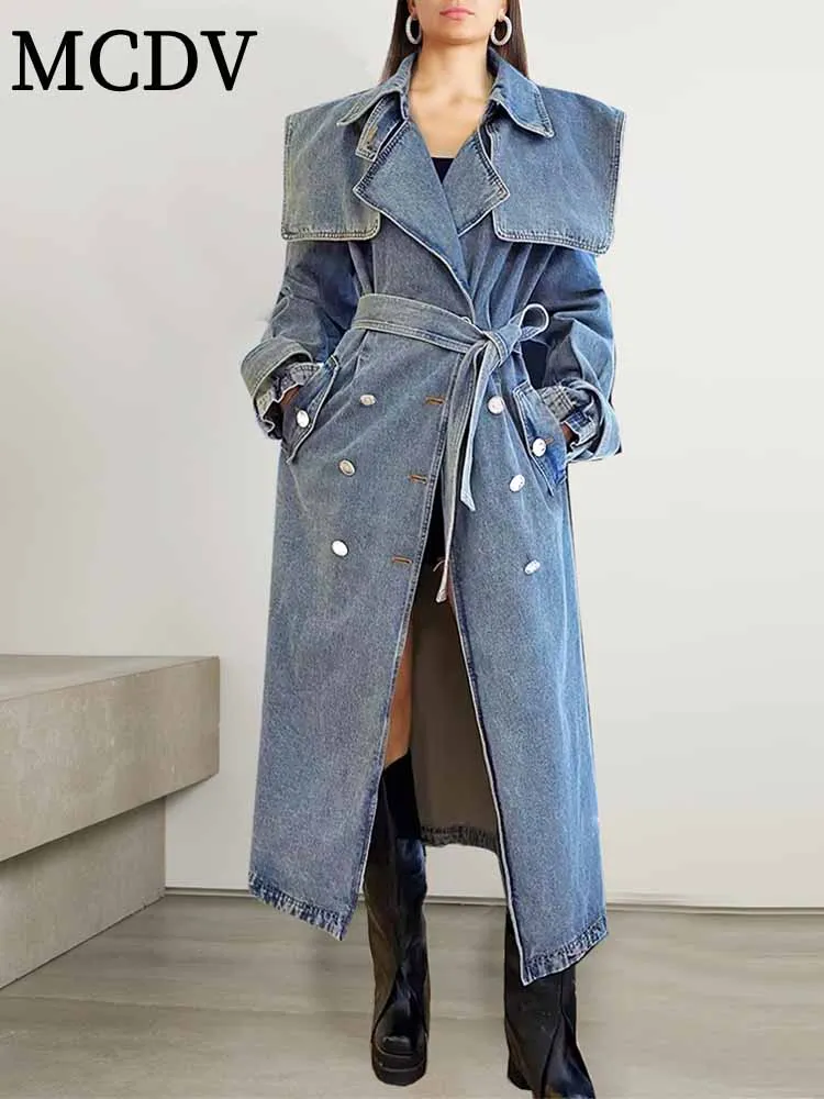 

2025 Temperament Double Breasted Lace Up Loose Long Denim Coat Fashion High Street Women Blue Jean Jacket Oversized Windbreaker