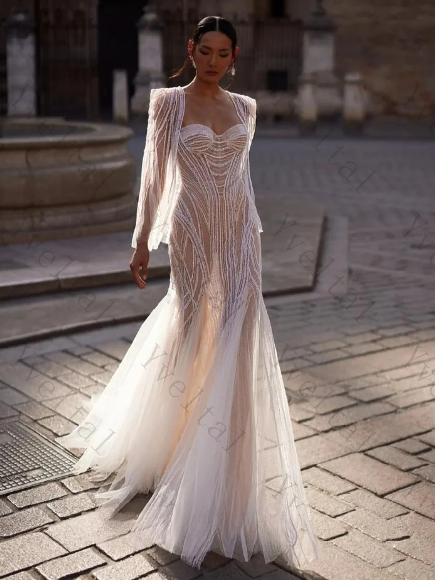 Customized Graceful Temperament Mermaid Wedding Dresses Sheer Beaded Geometric Pattern Cape Sleeve Fascinating Bridal Gown