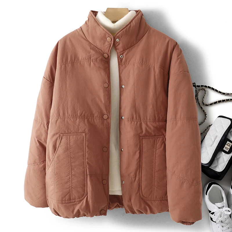 

Warm Cotton Jaet Women's Autumn Winter Polyester Filled Loose Fit Stand Collar Single Button Pure Color Commute Cottonwear