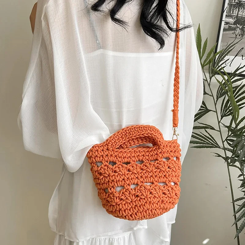 Korean Youth Women\'s Designer Bag Crochet Cross Shoulder Bag Soft Cotton Fabric Woven Aesthetic Fashion Casual Small Handbags