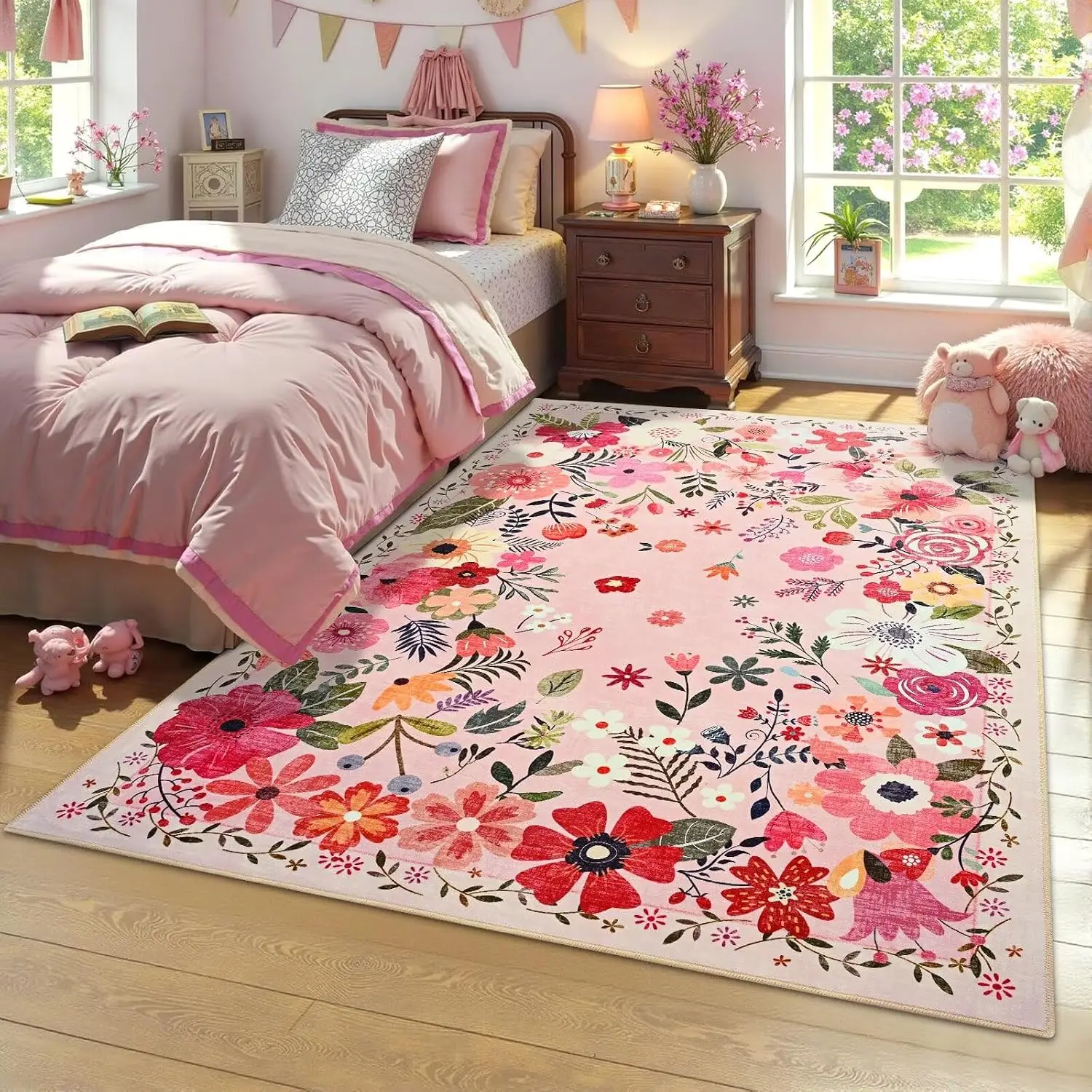 Pink Floral Washable Area Rug, Soft Non-Slip Floor Mat for Girls Bedroom, Nursery, Entryway & Farmhouse Decor